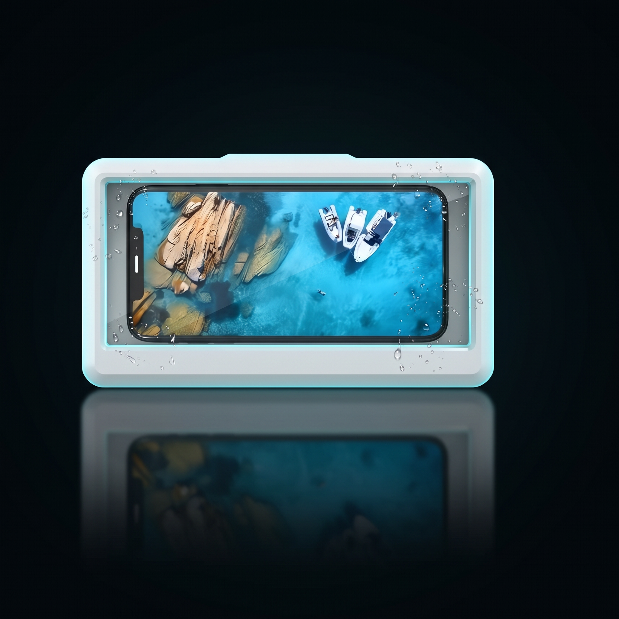 White ShowerView phone enclosure holding a phone in landscape